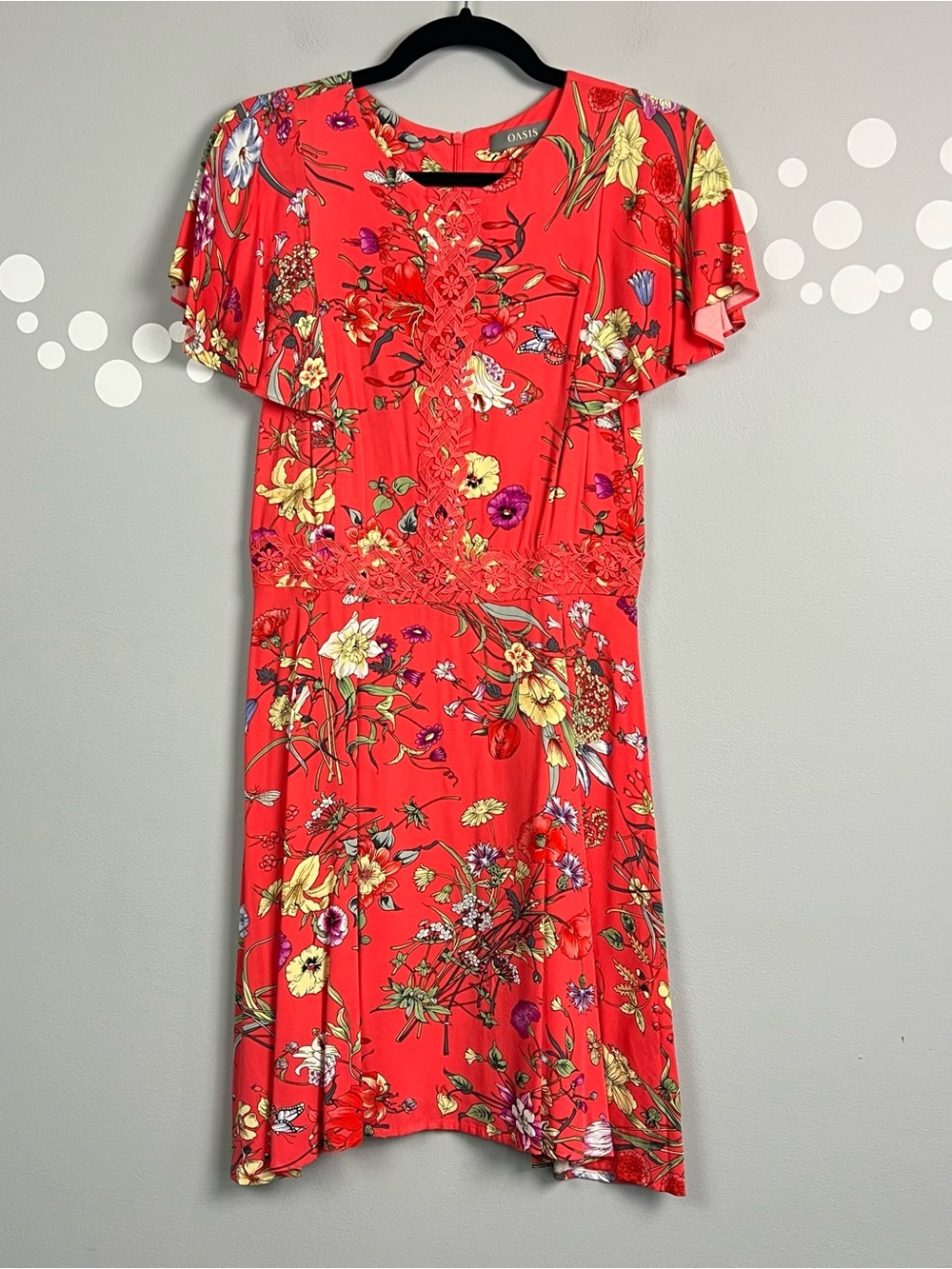 Oasis Floral Skater Dress Size 8 Coral Botanical Flutter Sleeve Mini